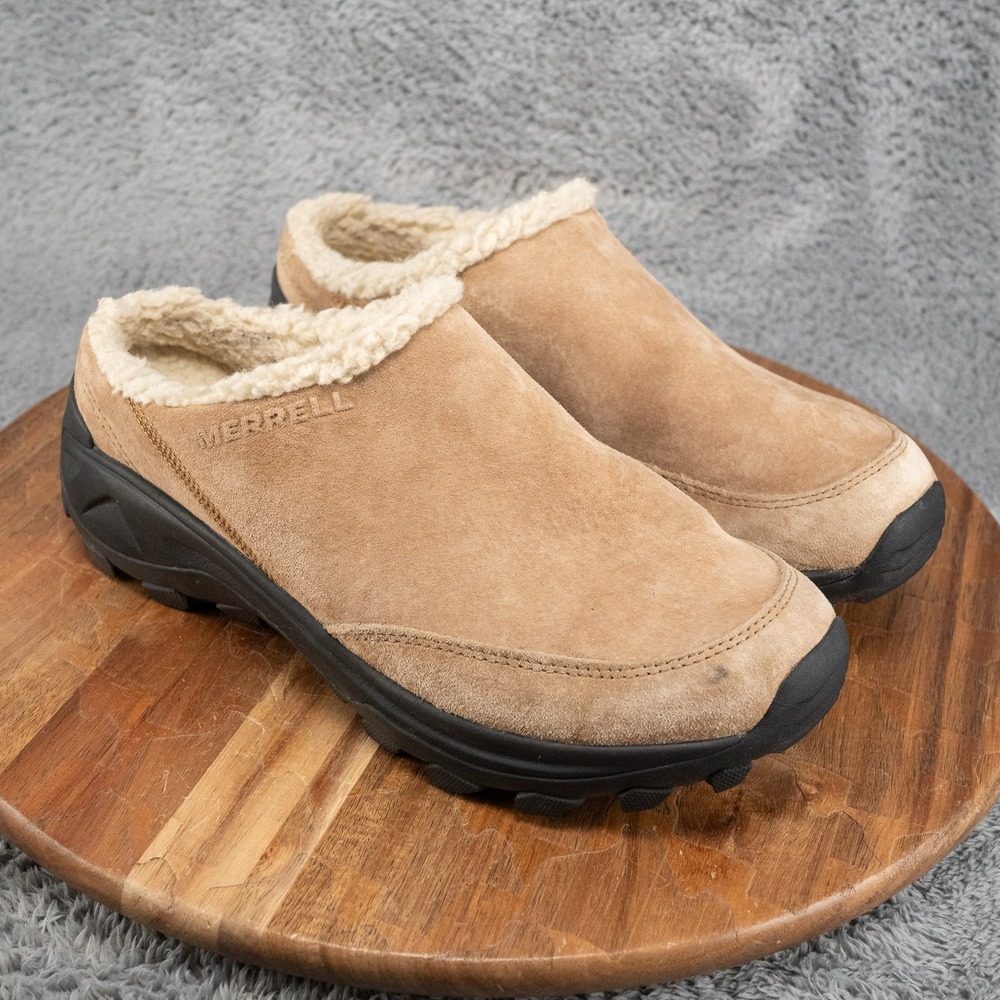 Merrell Women's Winter Slide Tan Camel Suede Faux Shearling Lined - Size 10
